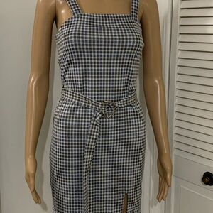 Square-Neck Houndstooth Midi Dress with Ring-Tie Belt